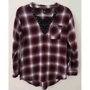 Rue 21 top plaid flannel plum/gray shoelace opening long sleeve frey'd neck SM